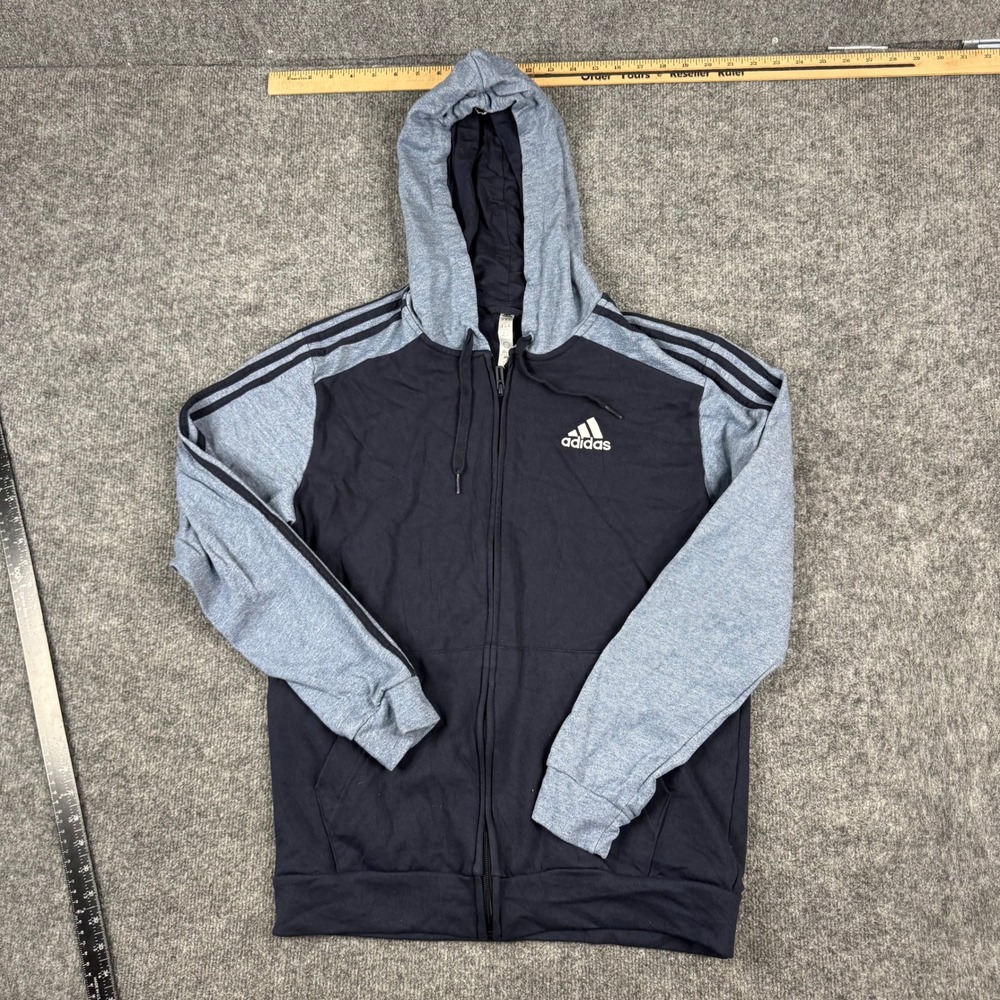 Adidas Hoodie Mens Size M Navy Blue Grey Full Zip Stripe Athletic Sweatshirt
